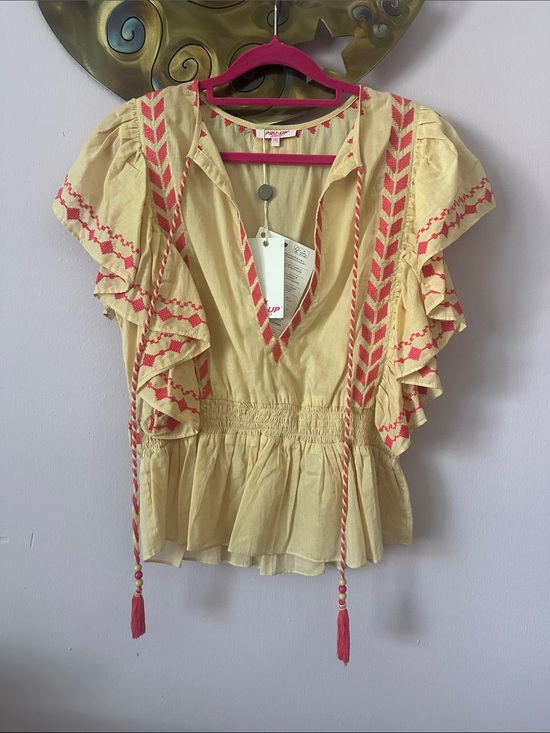 Pin Up Couture Tops - Pin-Up Stars Cream Peplum Blouse with Pink Embroidery and Tassel Ties